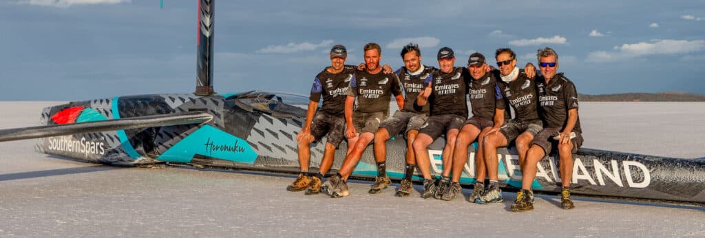 Emirates Team New Zealand’s land yacht called ‘Horonuku’ is assembled on Lake Gairdner for its first sail.